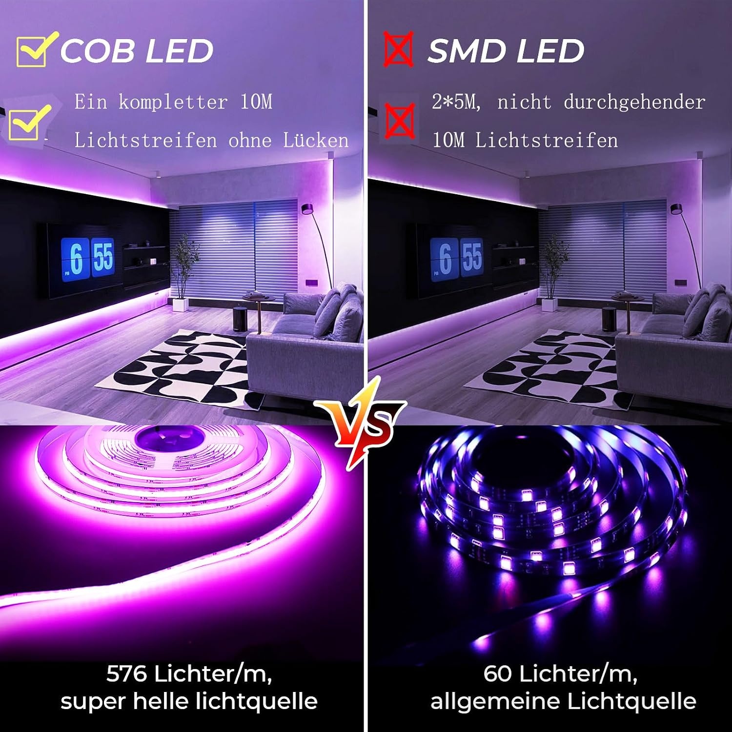 10 m WIFI Intelligent COB RGB LED Strip Lichtsnoer 576 LEDs/M 5760LEDs 24V LED Strip Lichtbalk Werkt met Google Home Assistant / Alexaz, Dimbare vervormbare LED-strip met WiFi afstandsbediening