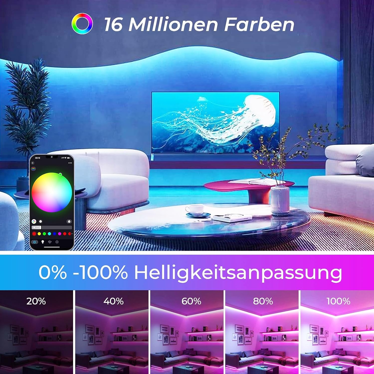 10 m WIFI Intelligent COB RGB LED Strip Lichtsnoer 576 LEDs/M 5760LEDs 24V LED Strip Lichtbalk Werkt met Google Home Assistant / Alexaz, Dimbare vervormbare LED-strip met WiFi afstandsbediening