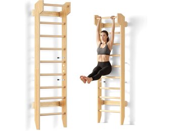 COSYLAND Wandrek van Klimwand Hout voor Volwassenen en Kinderen – Indoor Klimrek met Pull-Up Bar, Stevig Muurbevestigd Fitnessrek voor Krachttraining, Gymnastiek en Spel – Natuurlijk