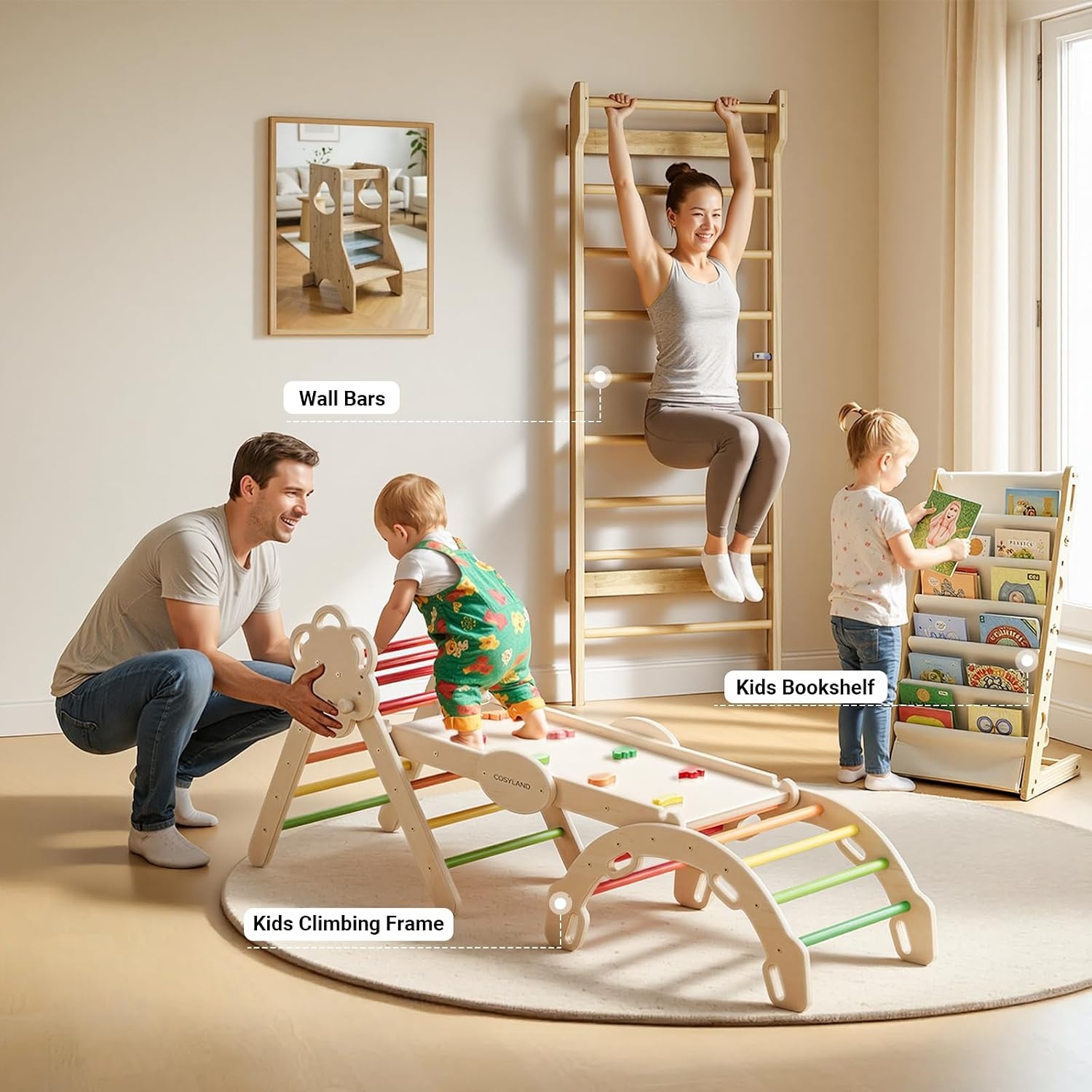 COSYLAND Wandrek van Klimwand Hout voor Volwassenen en Kinderen – Indoor Klimrek met Pull-Up Bar, Stevig Muurbevestigd Fitnessrek voor Krachttraining, Gymnastiek en Spel – Natuurlijk