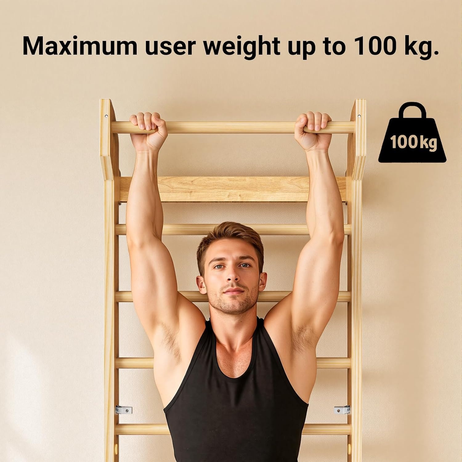 COSYLAND Wandrek van Klimwand Hout voor Volwassenen en Kinderen – Indoor Klimrek met Pull-Up Bar, Stevig Muurbevestigd Fitnessrek voor Krachttraining, Gymnastiek en Spel – Natuurlijk