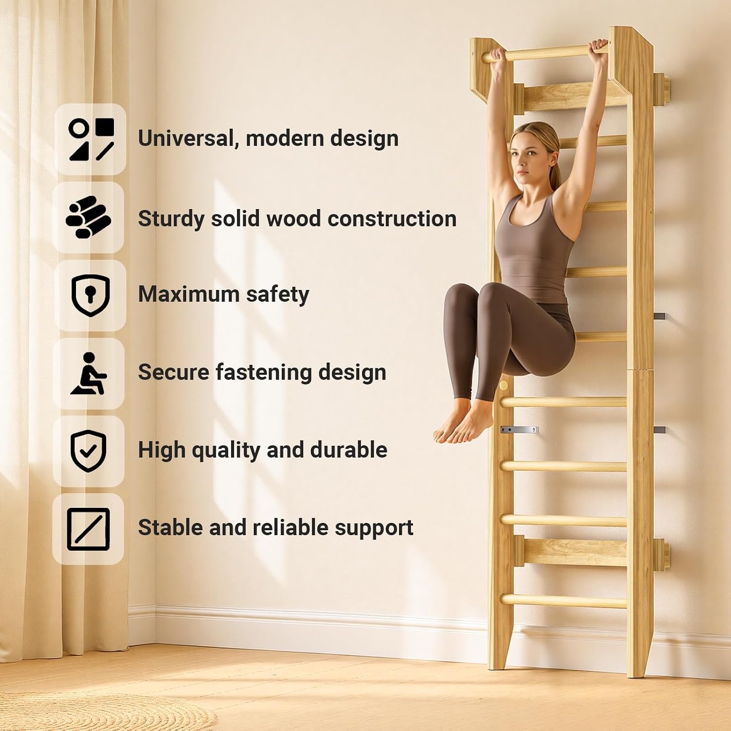 COSYLAND Wandrek van Klimwand Hout voor Volwassenen en Kinderen – Indoor Klimrek met Pull-Up Bar, Stevig Muurbevestigd Fitnessrek voor Krachttraining, Gymnastiek en Spel – Natuurlijk