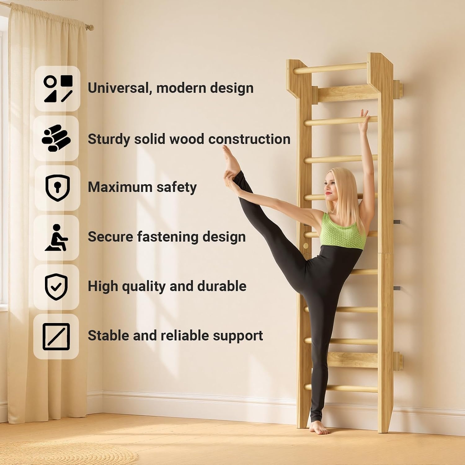 COSYLAND Wandrek van Klimwand Hout voor Volwassenen en Kinderen – Indoor Klimrek met Pull-Up Bar, Stevig Muurbevestigd Fitnessrek voor Krachttraining, Gymnastiek en Spel – Natuurlijk
