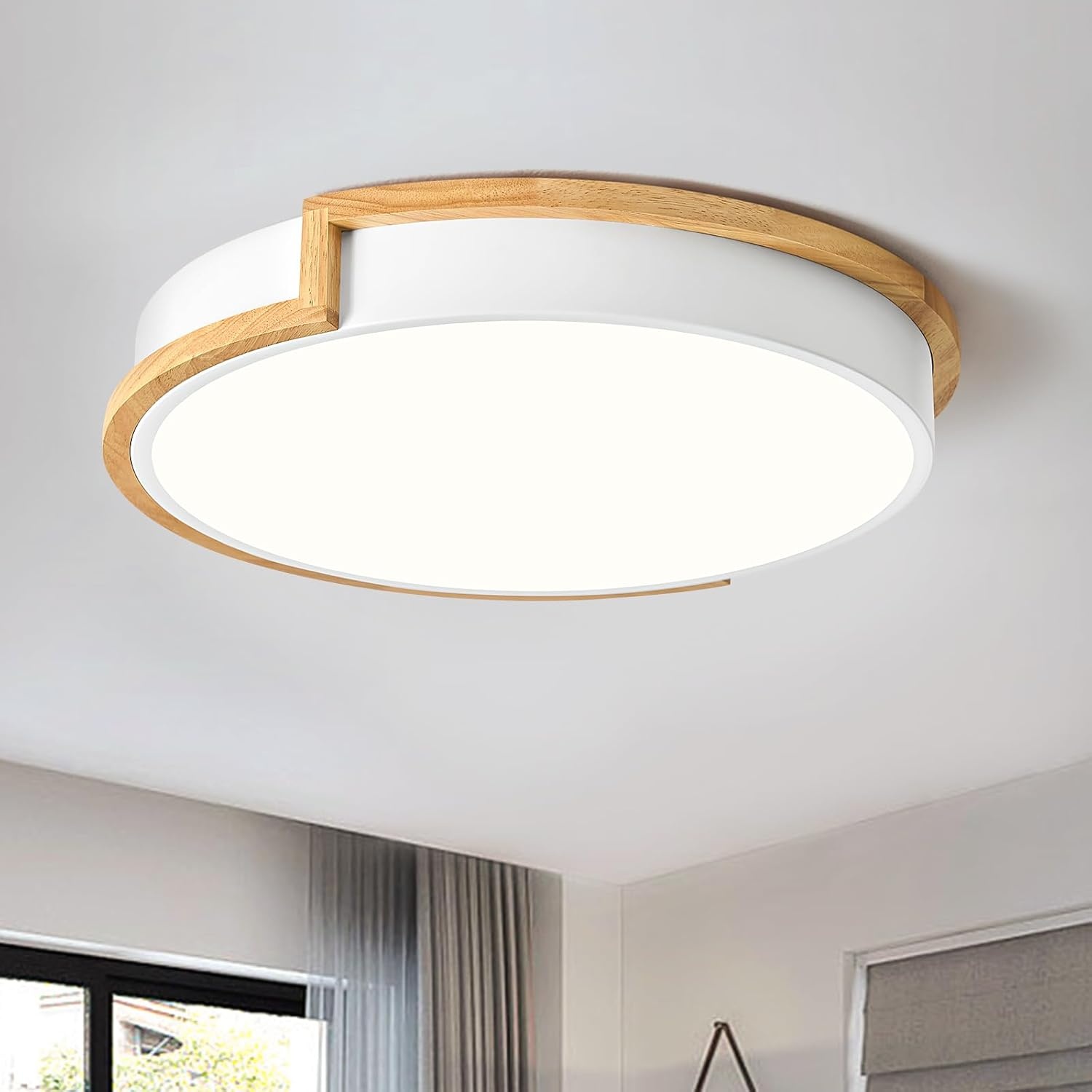 LED plafondlamp, witte plafondlamp 40cm, 36W lamp met hout voor slaapkamer, woonkamer, keuken, hal, eetkamer, 4000K