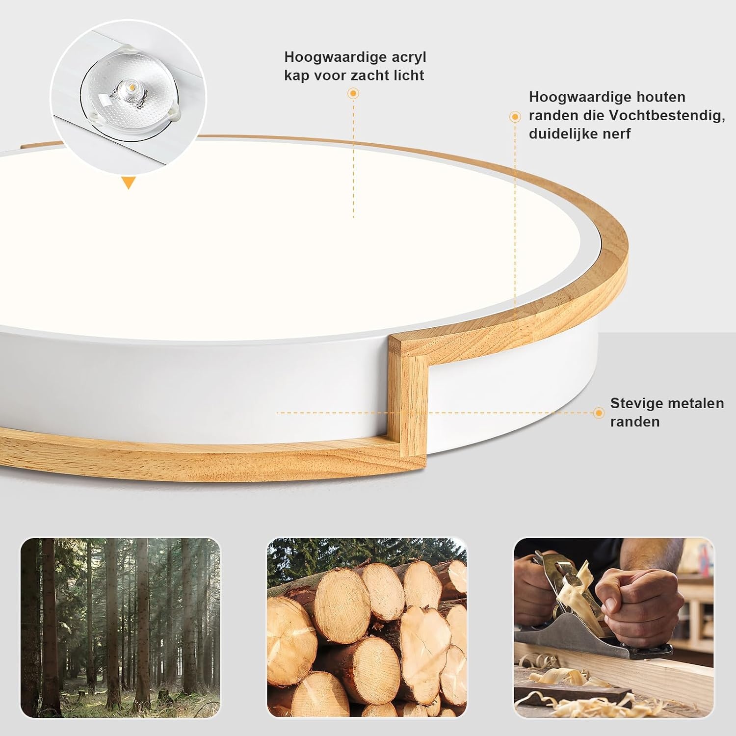 LED plafondlamp, witte plafondlamp 40cm, 36W lamp met hout voor slaapkamer, woonkamer, keuken, hal, eetkamer, 4000K