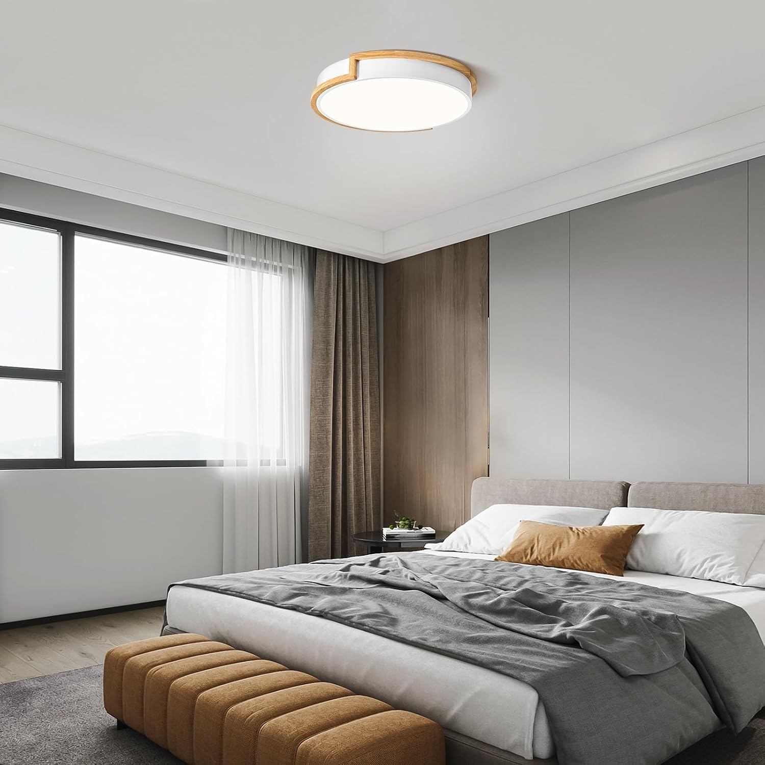 LED plafondlamp, witte plafondlamp 40cm, 36W lamp met hout voor slaapkamer, woonkamer, keuken, hal, eetkamer, 4000K