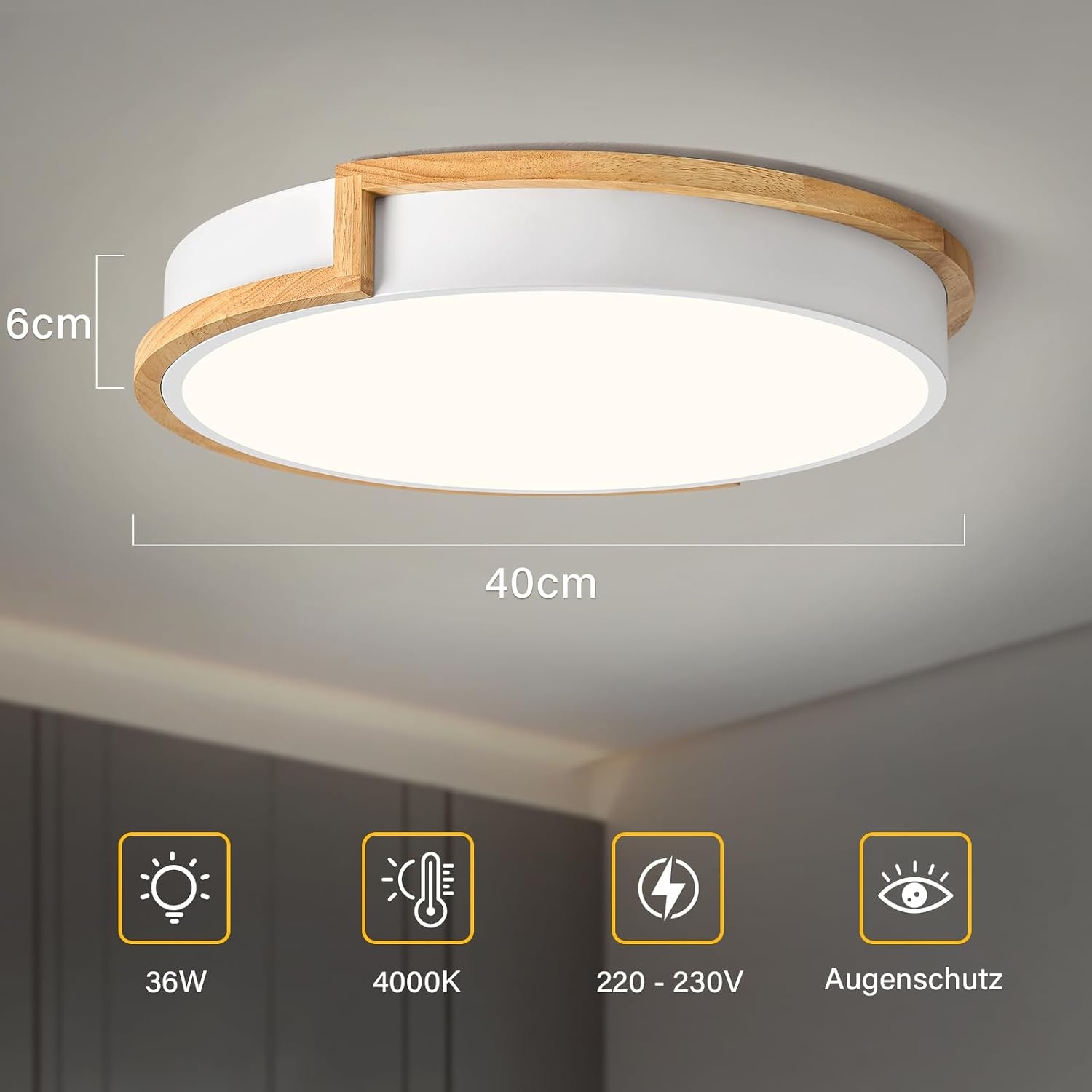 LED plafondlamp, witte plafondlamp 40cm, 36W lamp met hout voor slaapkamer, woonkamer, keuken, hal, eetkamer, 4000K