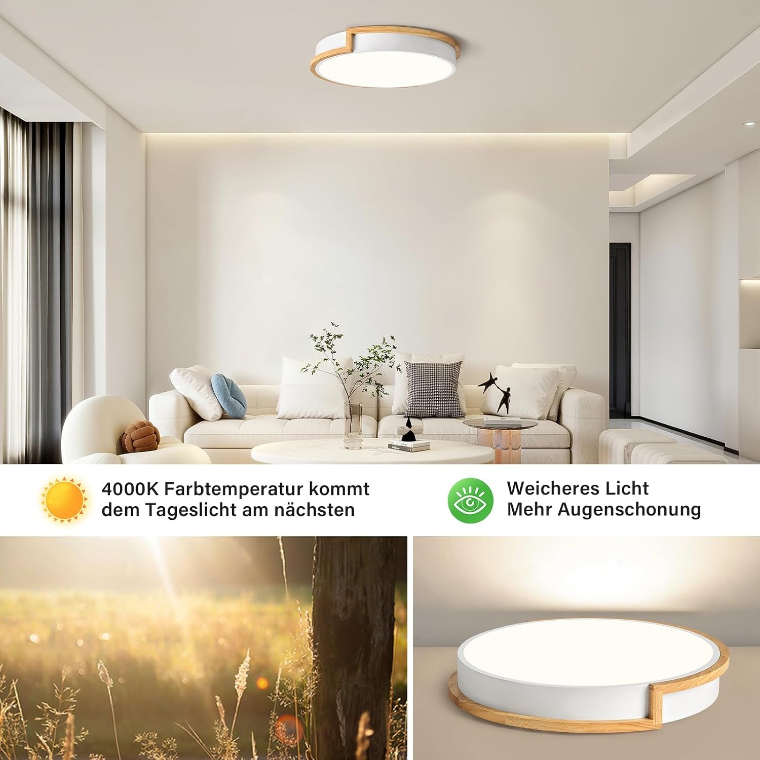 LED plafondlamp, witte plafondlamp 40cm, 36W lamp met hout voor slaapkamer, woonkamer, keuken, hal, eetkamer, 4000K