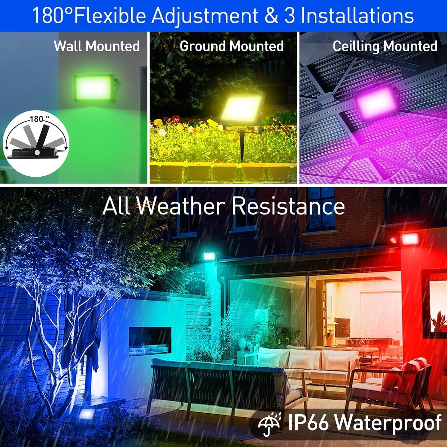 T-SUNUS Led-spot voor buiten, RGB, 100 W, wifi, met afstandsbediening, bluetooth-app, IP66 waterdicht, voor tuin, feest, Halloween, Kerstmis