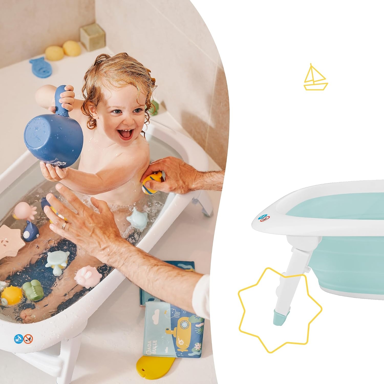 Badabulle Inklapbaar Baby Badje - Uiterst Compact - 35 L - Antislip Standaard - Afvoerdop & Temperatuurindicator - Handgreep voor Vervoer en Drogen