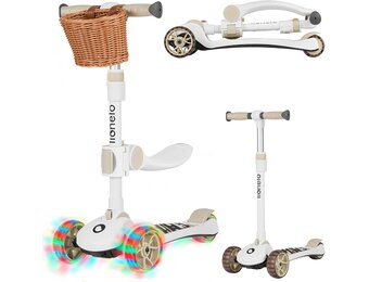 LIONELO Franky 2-in-1 Kinderstep, 3-Wiel Balansstep met LED Wielen | met Afneembaar Zitje en Rieten Mandje – Verstelbaar Stuur, Antislip Deck, Opvouwbare Kick Scooter voor Kinderen tot 50 kg