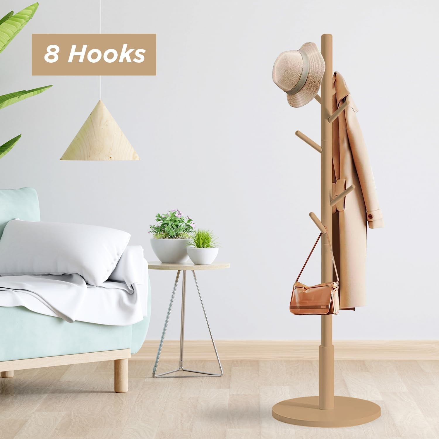 edihome Houten Kapstok - Staande Kledinghanger met 8 Haken - 172 x 38 cm - Houtkleur