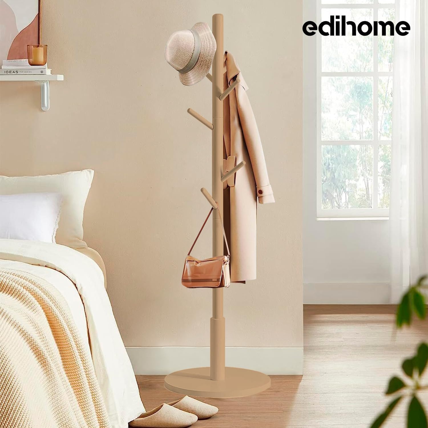 edihome Houten Kapstok - Staande Kledinghanger met 8 Haken - 172 x 38 cm - Houtkleur