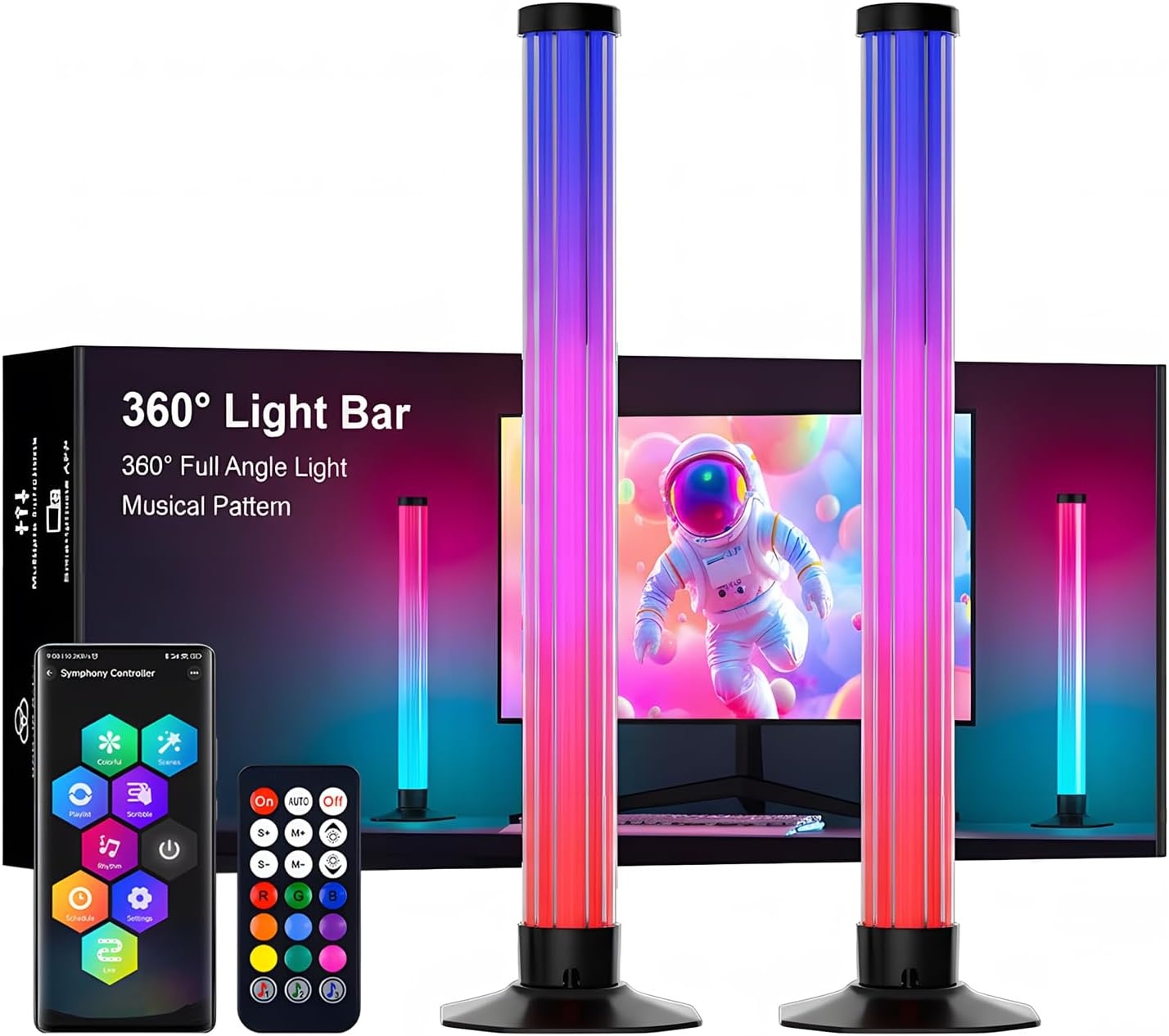 43CM Slimme Lichtbalken, 360° RGBIC Sfeerverlichting met Muziek Sync, Bluetooth App Bediening - Meeslepende Gaming Verlichting voor PC, TV, Kamerinrichting, Geluidsreactieve LED Sfeerverlichting