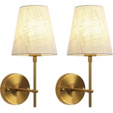 Set van 2 Vintage Wandlampen Messing Goud met Linnen Lampenkap - E27