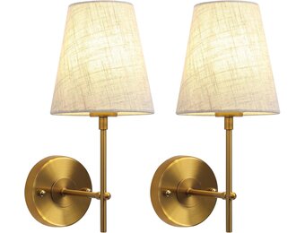 Set van 2 Vintage Wandlampen Messing Goud met Linnen Lampenkap - E27