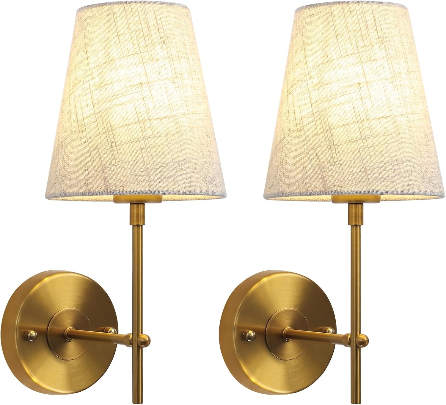 Set van 2 Vintage Wandlampen Messing Goud met Linnen Lampenkap - E27