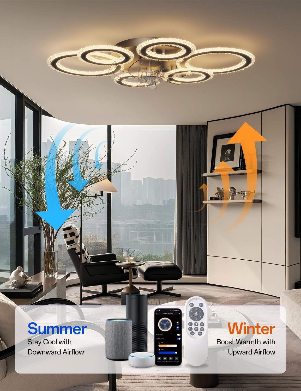 Moderne plafondventilatoren met verlichting en afstandsbediening, kristallen ring plafondventilatoren met lampen zomer winter omkeerbaar dimbaar licht geheugenfunctie 6 snelheden DC motor voor