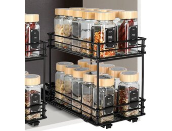 VINATO Uittrekbaar kruidenrek met 2 niveaus, keukenorganizer met rolrails, kruidenstandaard voor kast, kruidenrek zonder boren (26 x 15 x 21,8 cm)