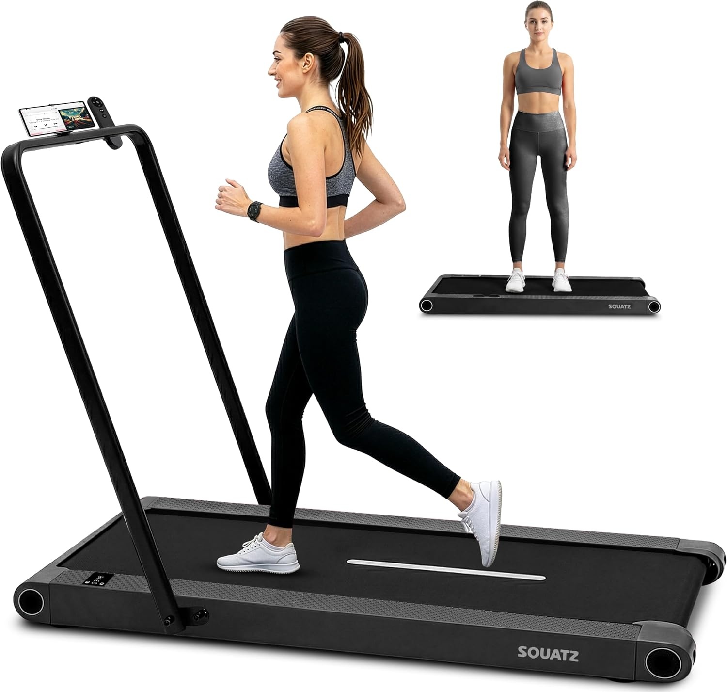 Squatz Walking Pad met Trilplaat en Handrail Zwart – Compacte Loopband met LED Display en Afstandsbediening voor Thuis en Kantoor, Grote Loopoppervlakte