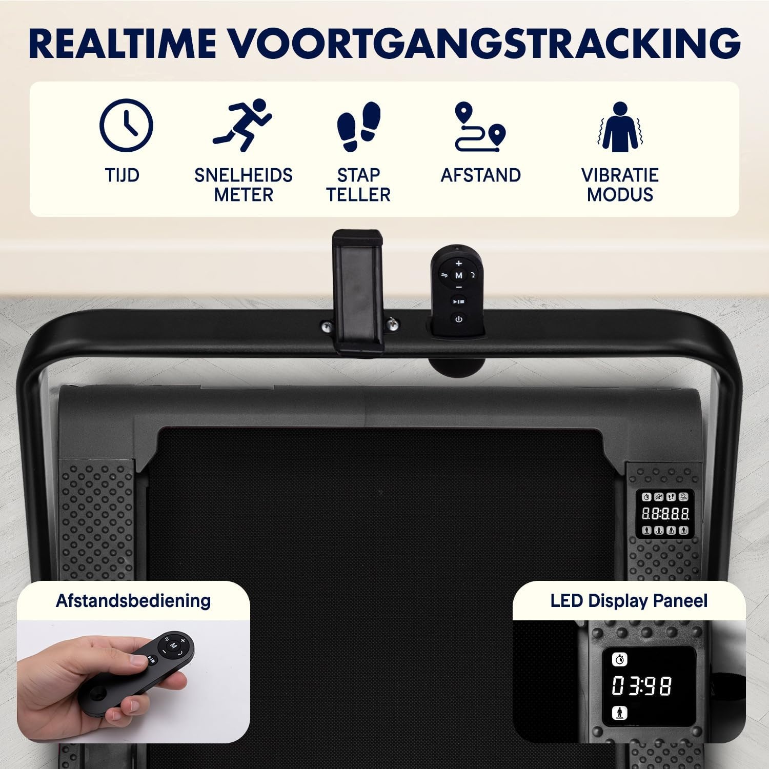 Squatz Walking Pad met Trilplaat en Handrail Zwart – Compacte Loopband met LED Display en Afstandsbediening voor Thuis en Kantoor, Grote Loopoppervlakte