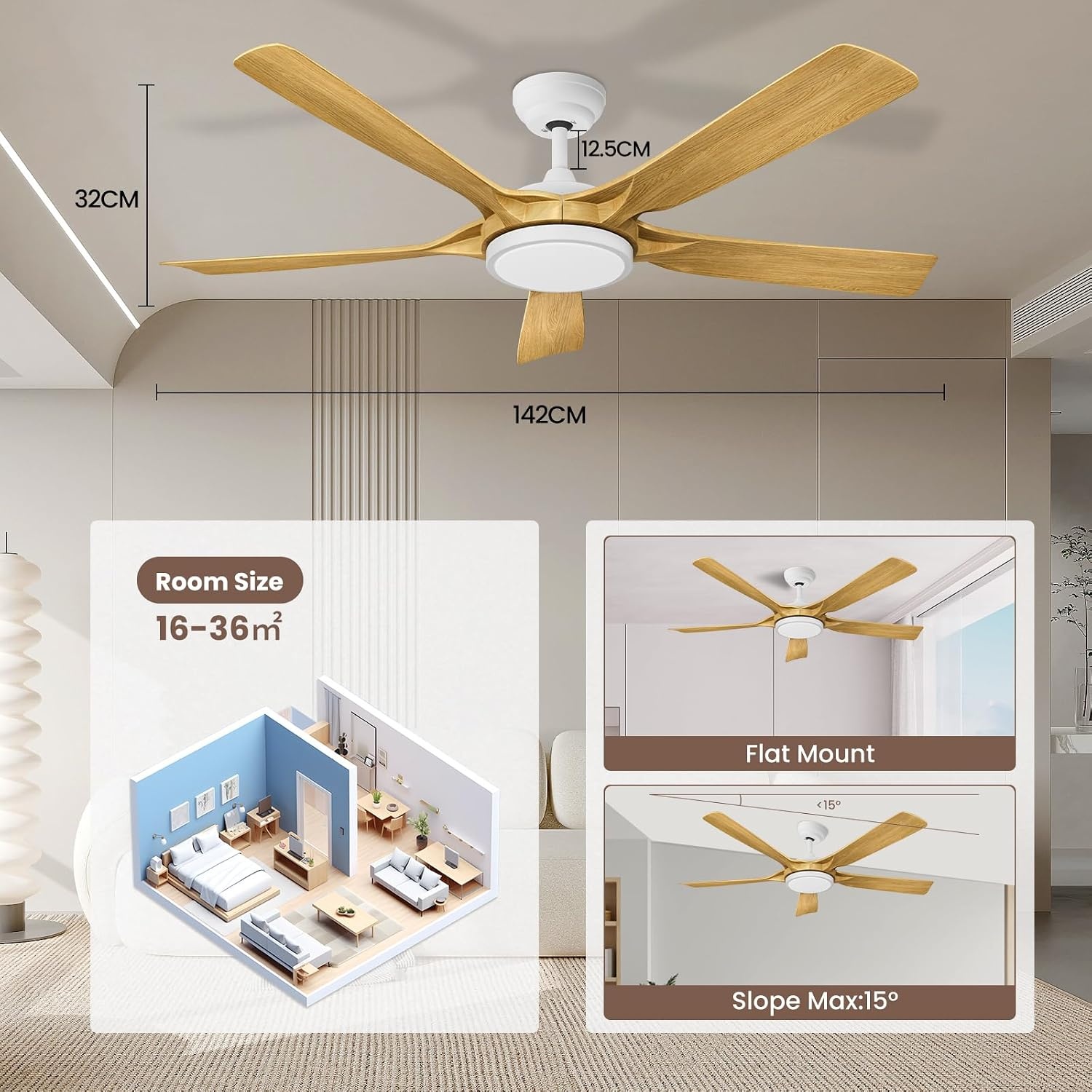 Newday 56inch Houten Plafondventilator met LED en 34% Korting