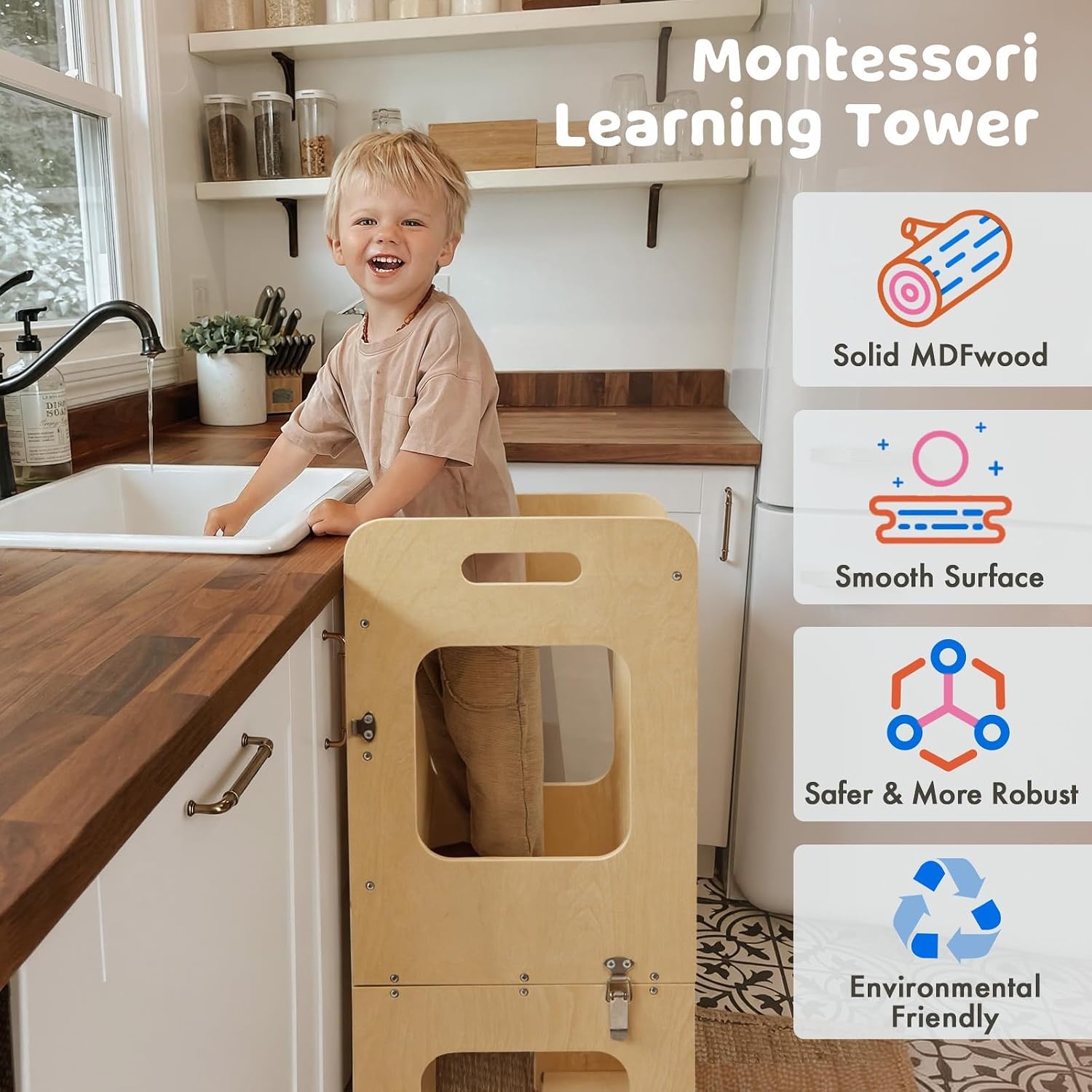 Labebe Montessori Leertoren Hout - 3-in-1 Leerstoel & Tafel (29% Korting)