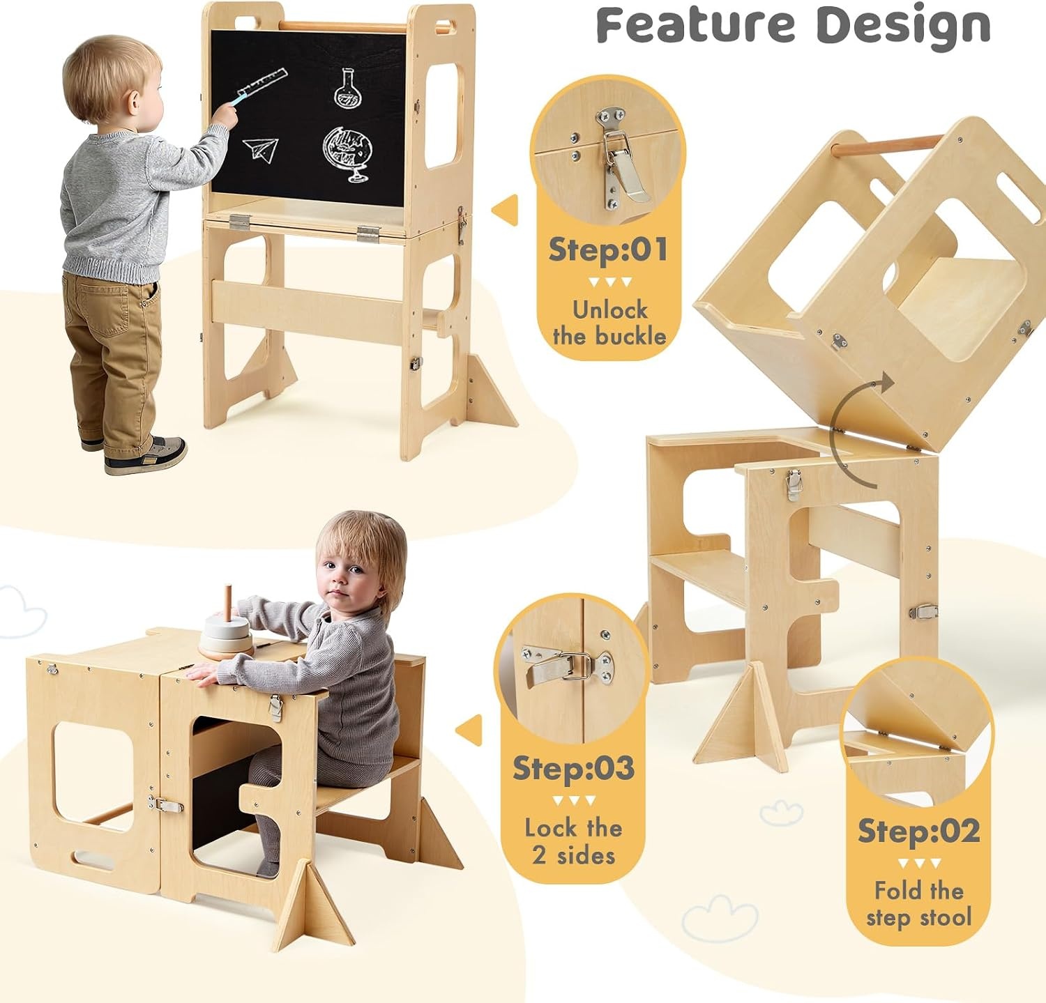 Labebe Montessori Leertoren Hout - 3-in-1 Leerstoel & Tafel (29% Korting)