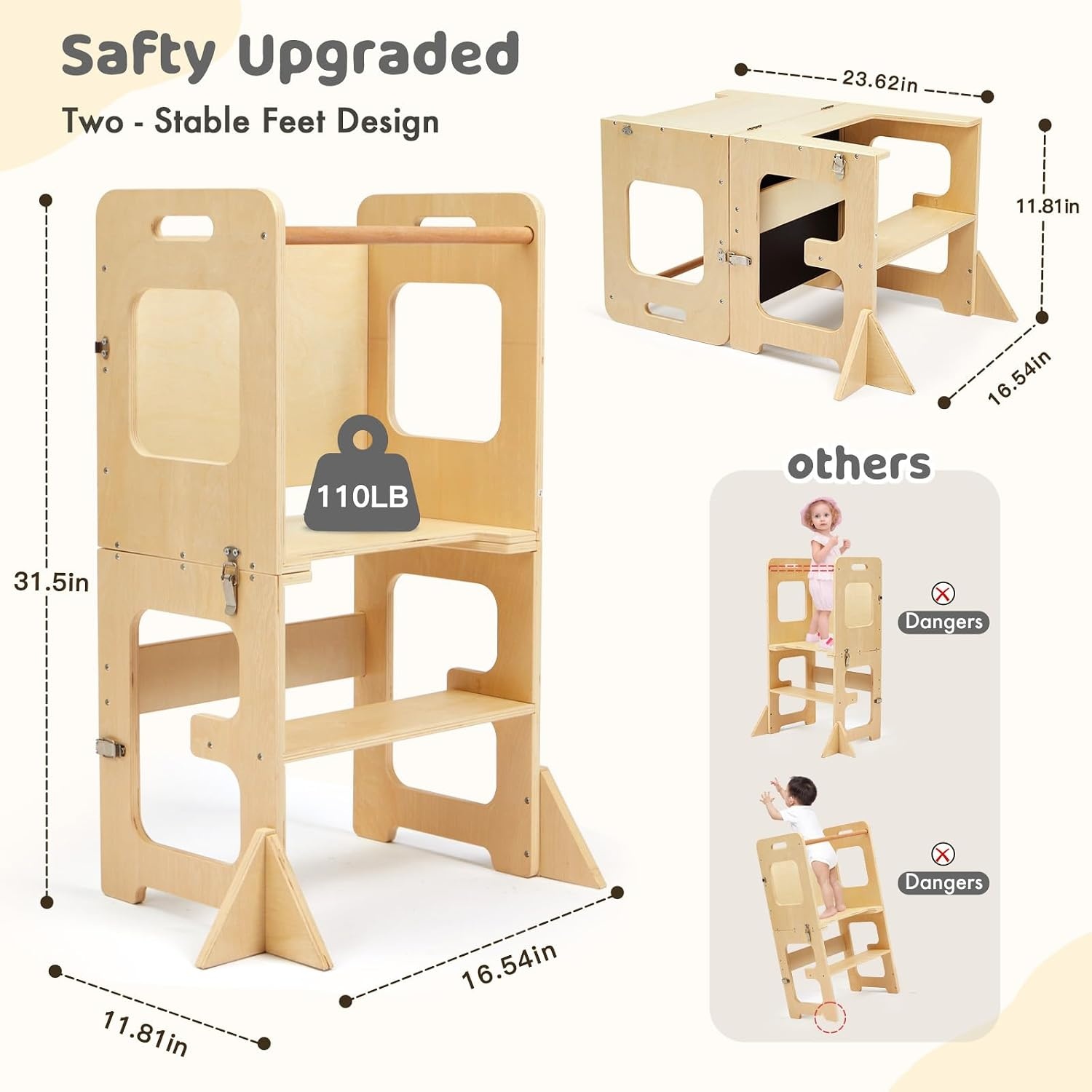 Labebe Montessori Leertoren Hout - 3-in-1 Leerstoel & Tafel (29% Korting)