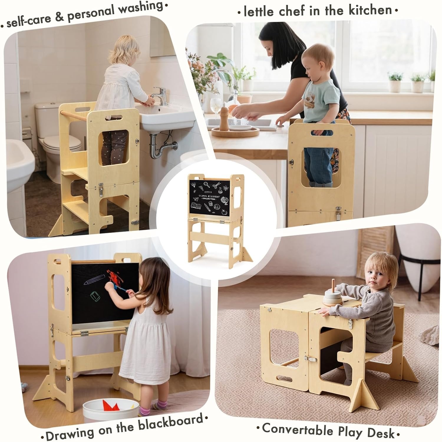Labebe Montessori Leertoren Hout - 3-in-1 Leerstoel & Tafel (29% Korting)