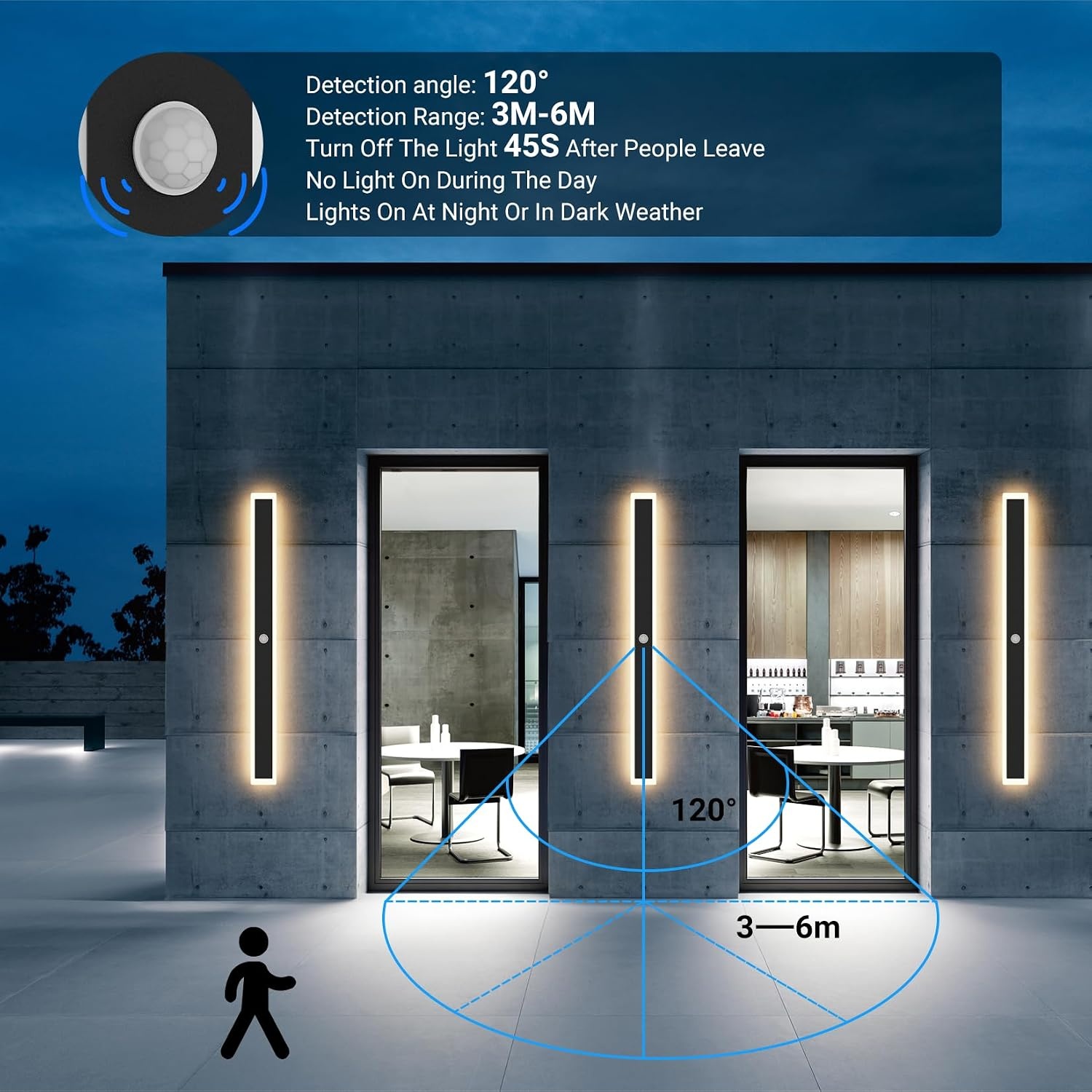 Klighten LED Wandlamp Zwart 100cm 30W Bewegingsmelder IP65 Warmwit