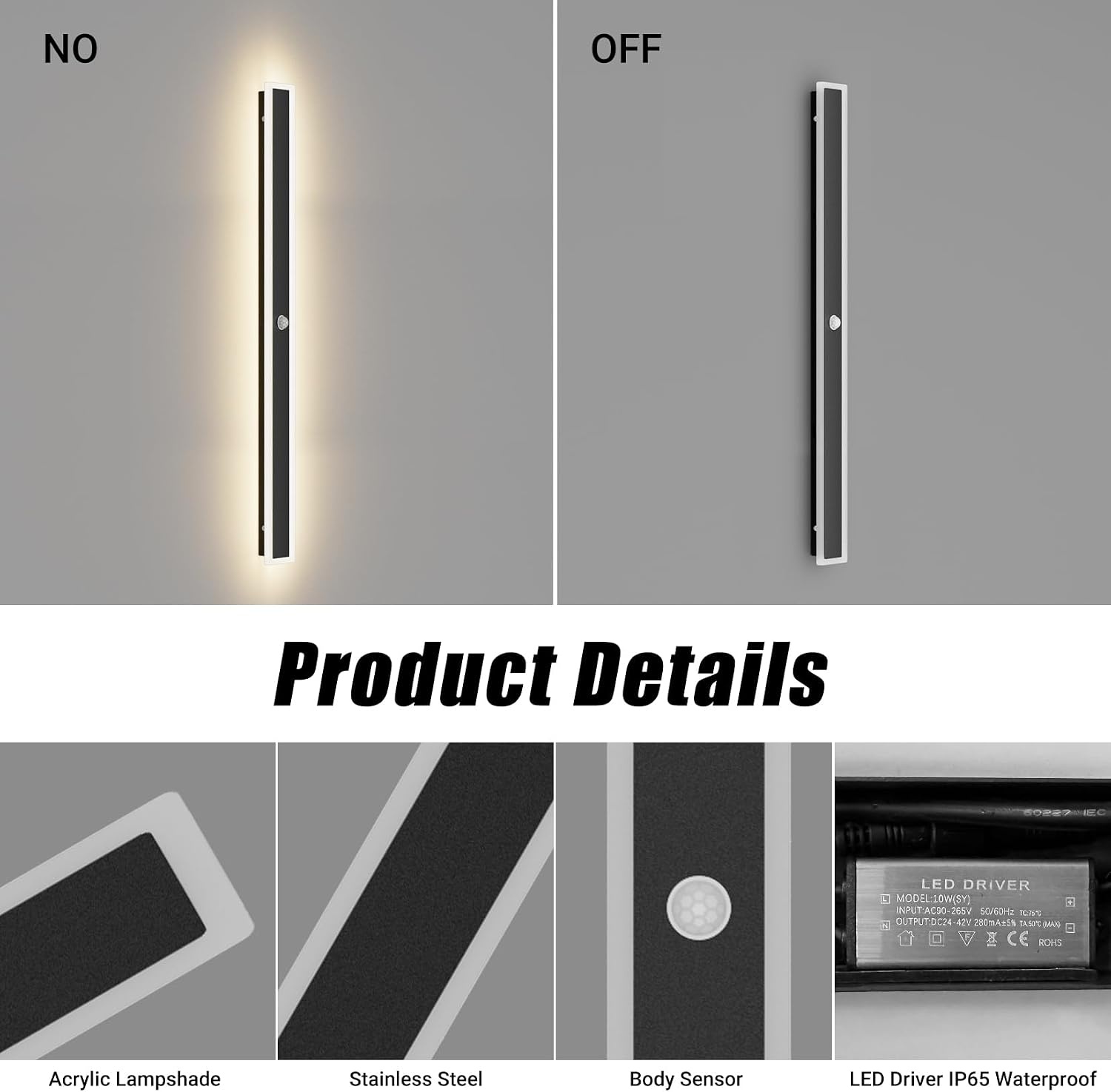 Klighten LED Wandlamp Zwart 100cm 30W Bewegingsmelder IP65 Warmwit