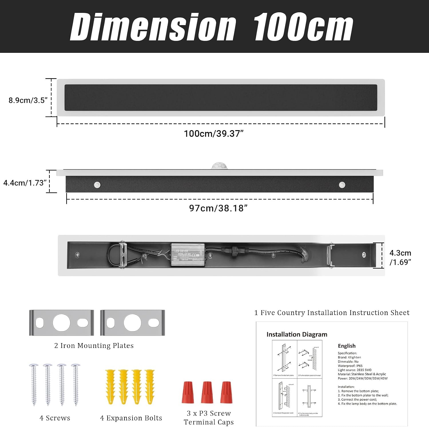 Klighten LED Wandlamp Zwart 100cm 30W Bewegingsmelder IP65 Warmwit