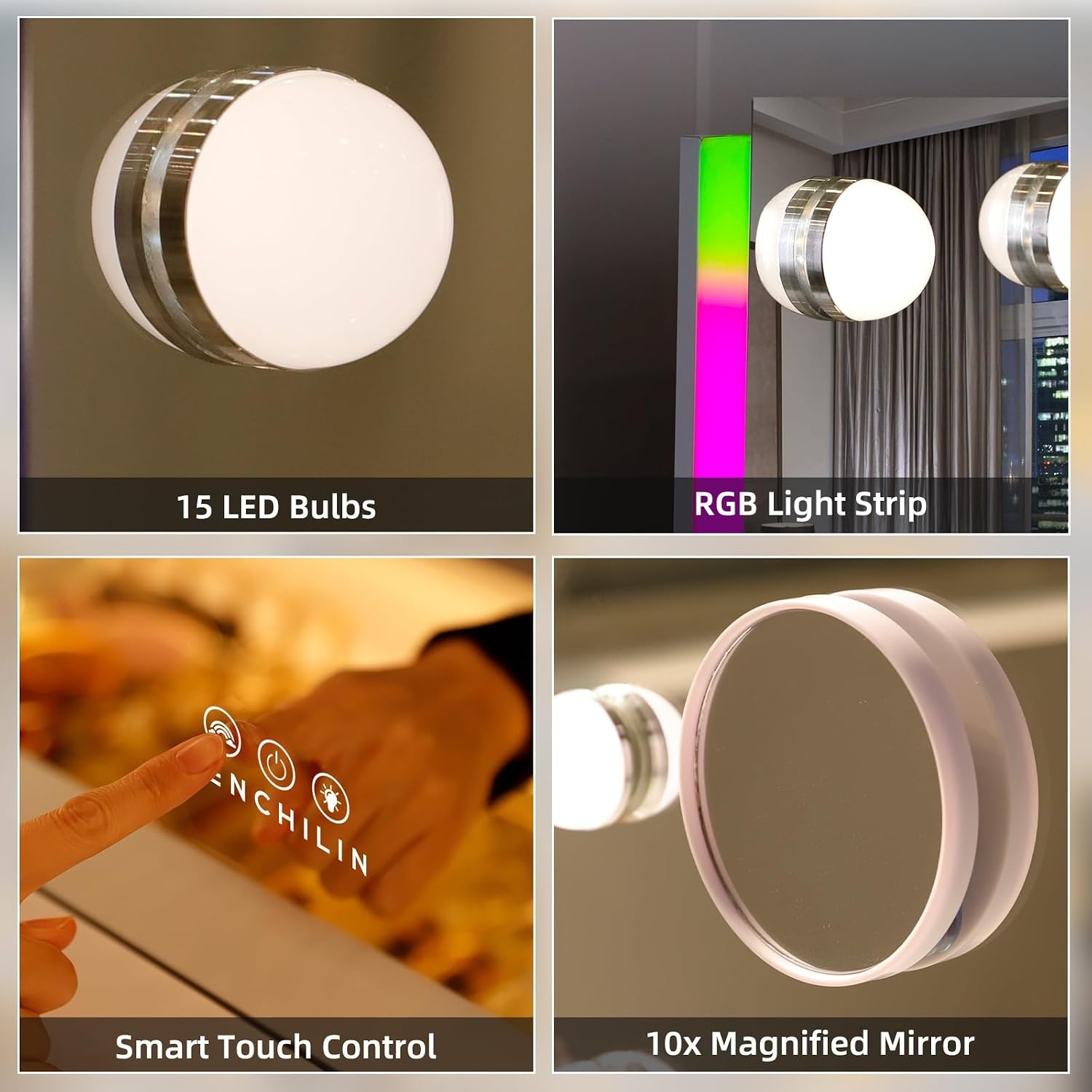 Hollywood Make-up Spiegel FENCHILIN Wit 58x46 cm met RGB LED Verlichting - 34% Korting
