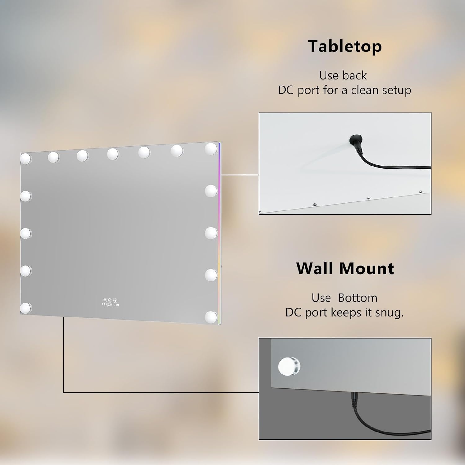 Hollywood Make-up Spiegel Wit 58x46cm met 15 Dimbare LED Lampen & RGB Verlichting - 34% Korting