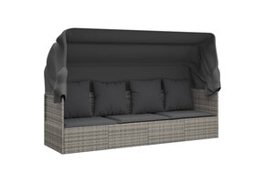 vidaXL Loungebed met luifel en kussens, Poly Rattan, Grijs - 35% Korting