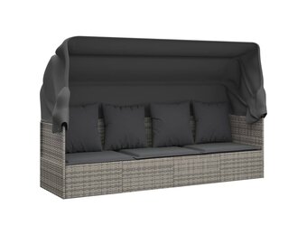 vidaXL Loungebed met luifel en kussens, Poly Rattan, Grijs - 35% Korting