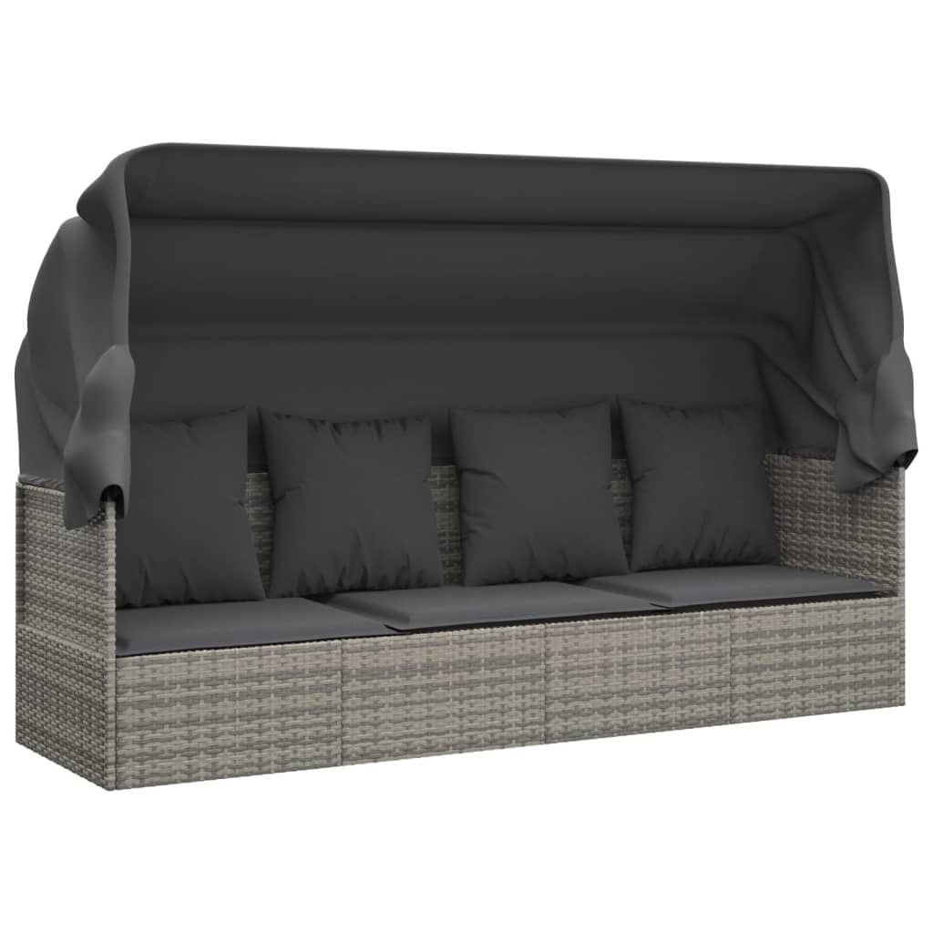 vidaXL Loungebed met luifel en kussens, Poly Rattan, Grijs - 35% Korting