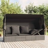 vidaXL Loungebed met luifel en kussens, Poly Rattan, Grijs - 35% Korting