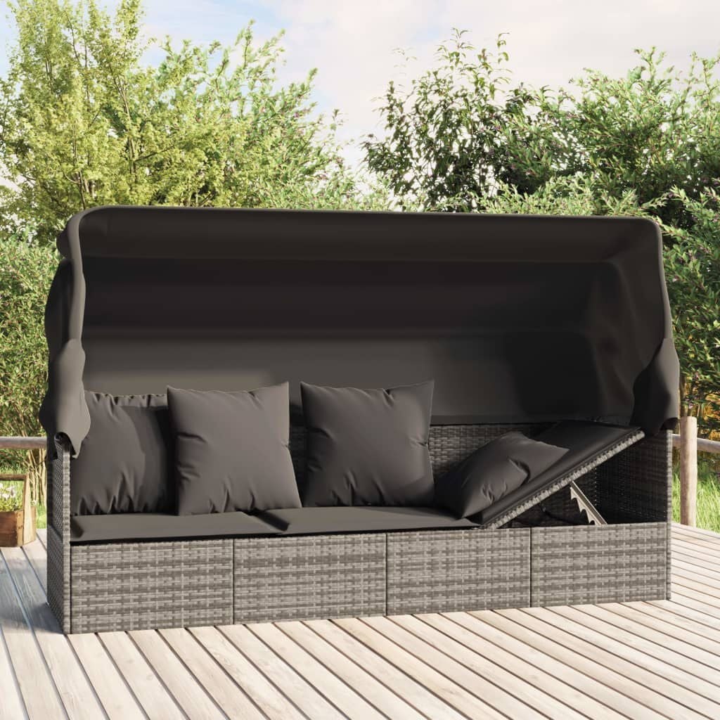 vidaXL Loungebed met luifel en kussens, Poly Rattan, Grijs - 35% Korting