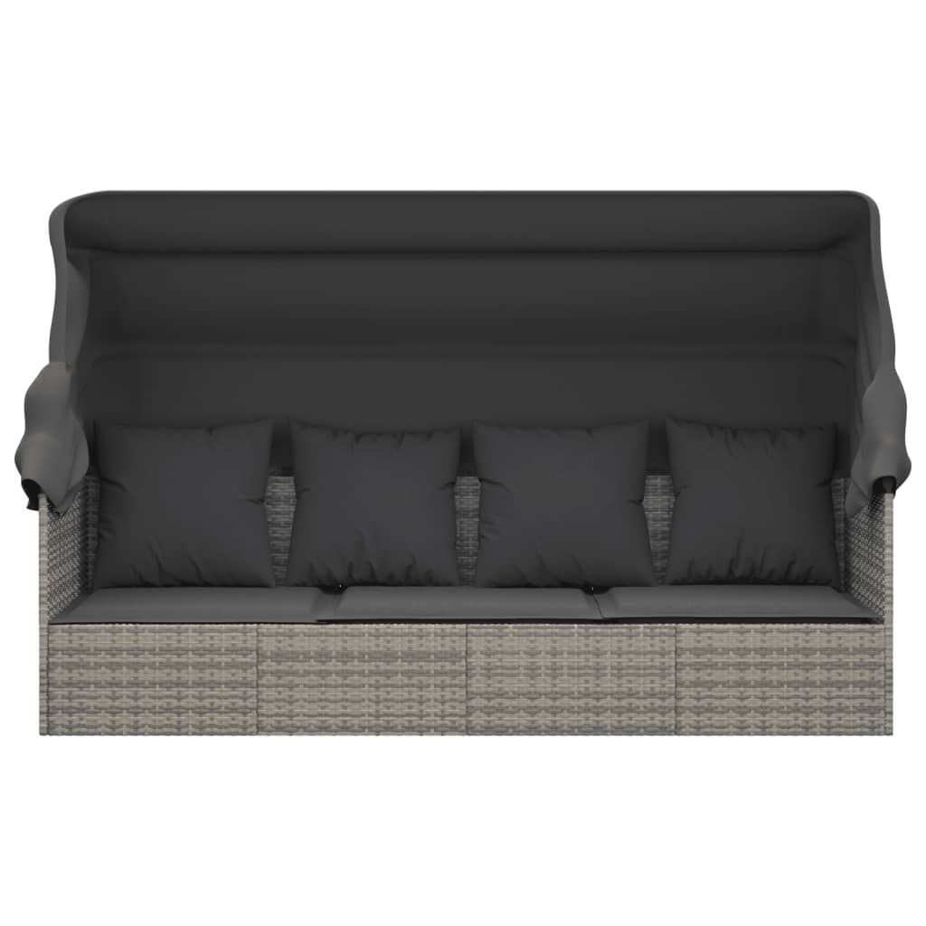 vidaXL Loungebed met luifel en kussens, Poly Rattan, Grijs - 35% Korting