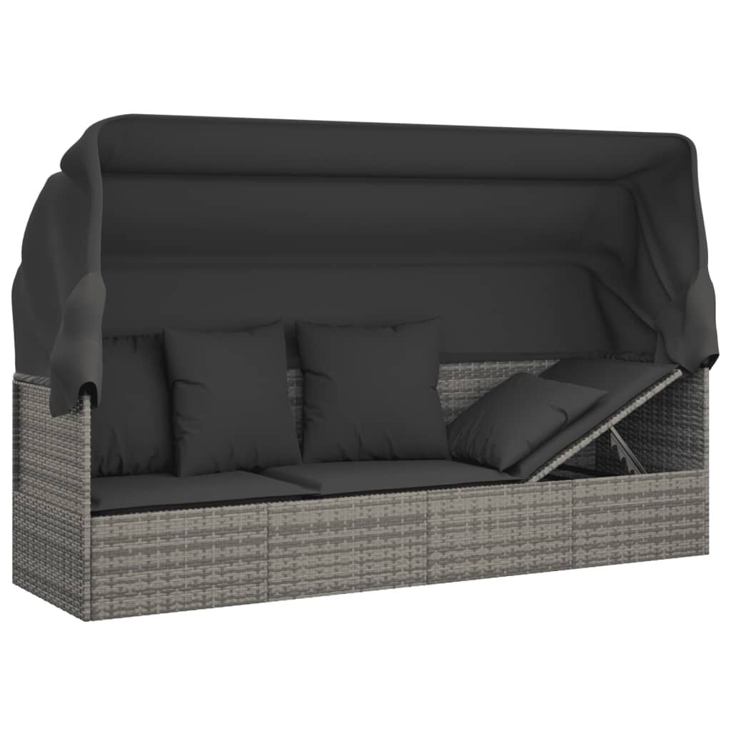 vidaXL Loungebed met luifel en kussens, Poly Rattan, Grijs - 35% Korting