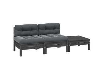 vidaXL 3-delige Loungeset met kussens massief grenenhout grijs