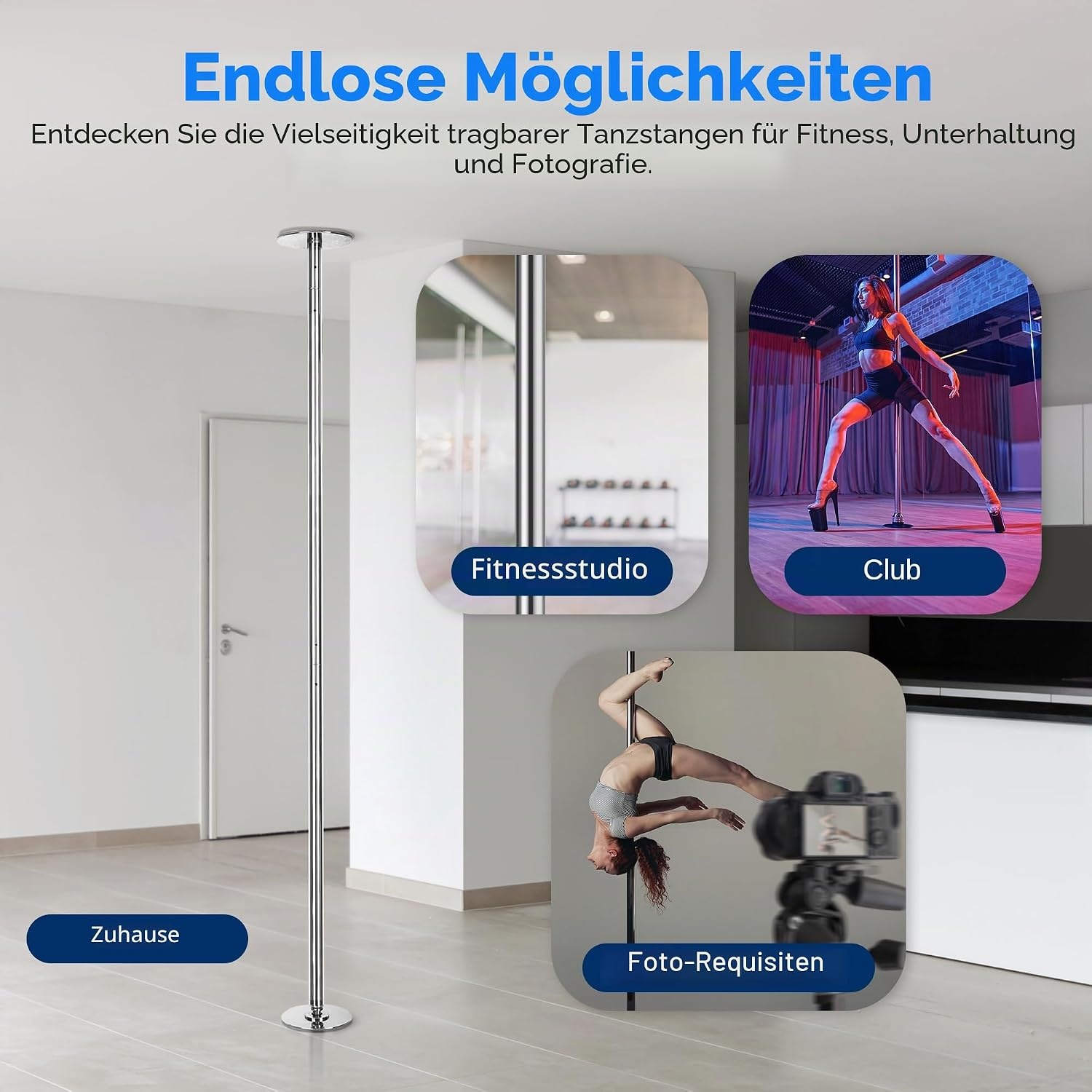 SereneLife Pole Dance Stang Zilver – In hoogte verstelbaar 204-274cm – Statisch & Roterend