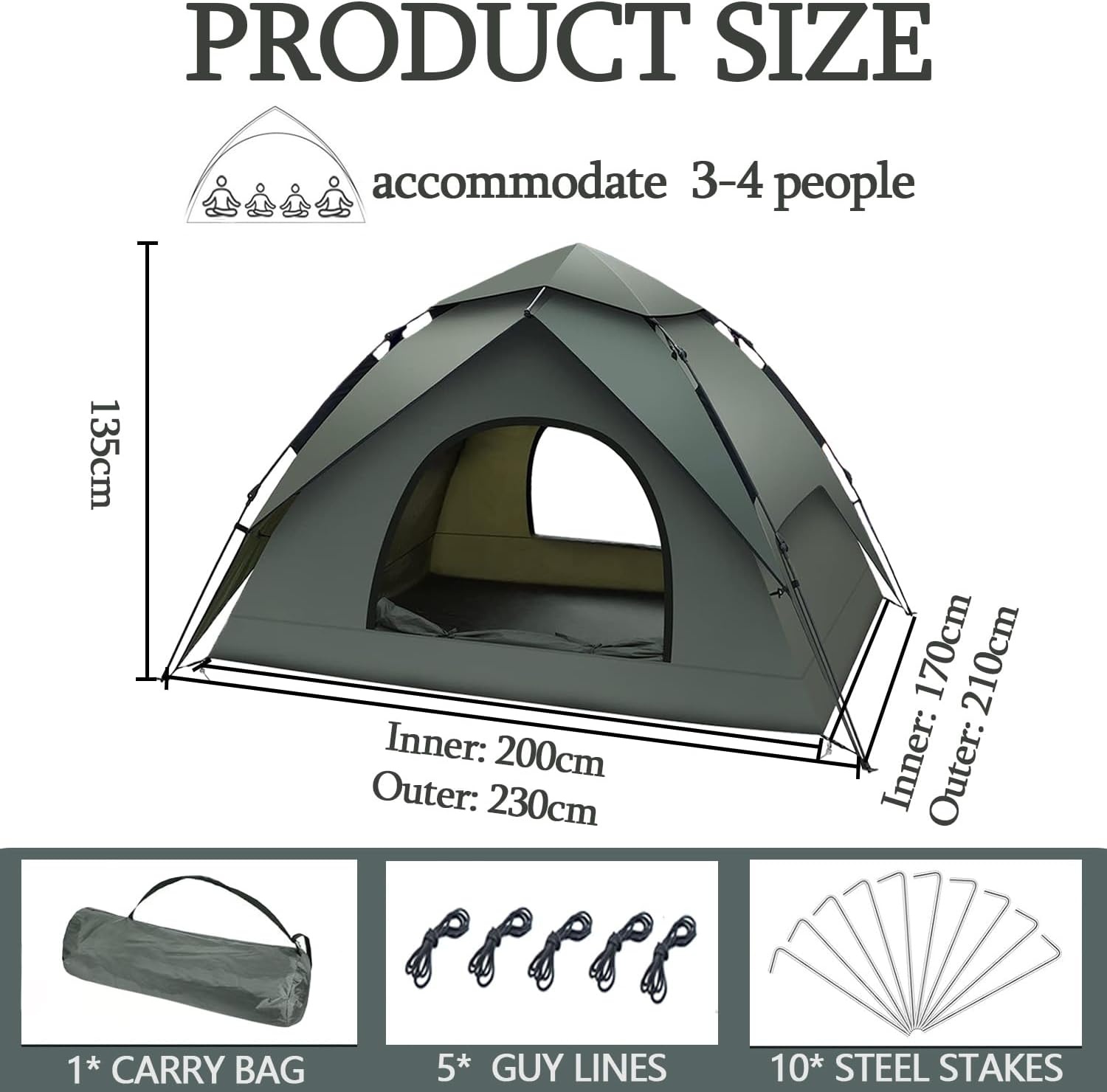 KEELYY Pop-up Camping Tent 3 Personen - Legergroen - Automatisch - Waterdicht