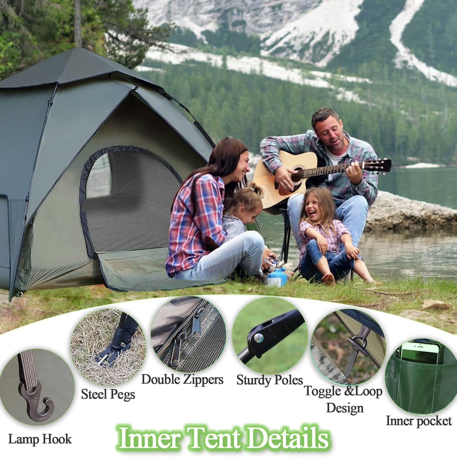 KEELYY Pop-up Camping Tent 3 Personen - Legergroen - Automatisch - Waterdicht