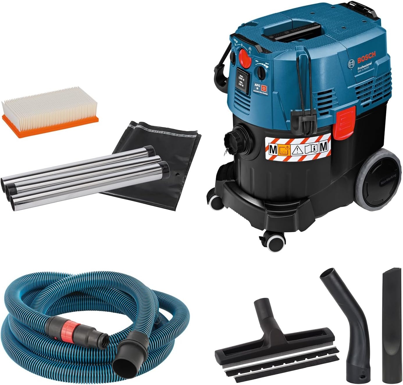 Bosch Professional stofzuiger voor nat en droog GAS 55 M AFC (incl. spleetzuigmond, 35mmØ, afvoerzak, bocht, vloerzuigmondset, 1 platte plooifilter PES, 3x0,35m zuigbuis, slang 5m met gereedschapsmof) - Maat 55 Liter, Stofklasse M