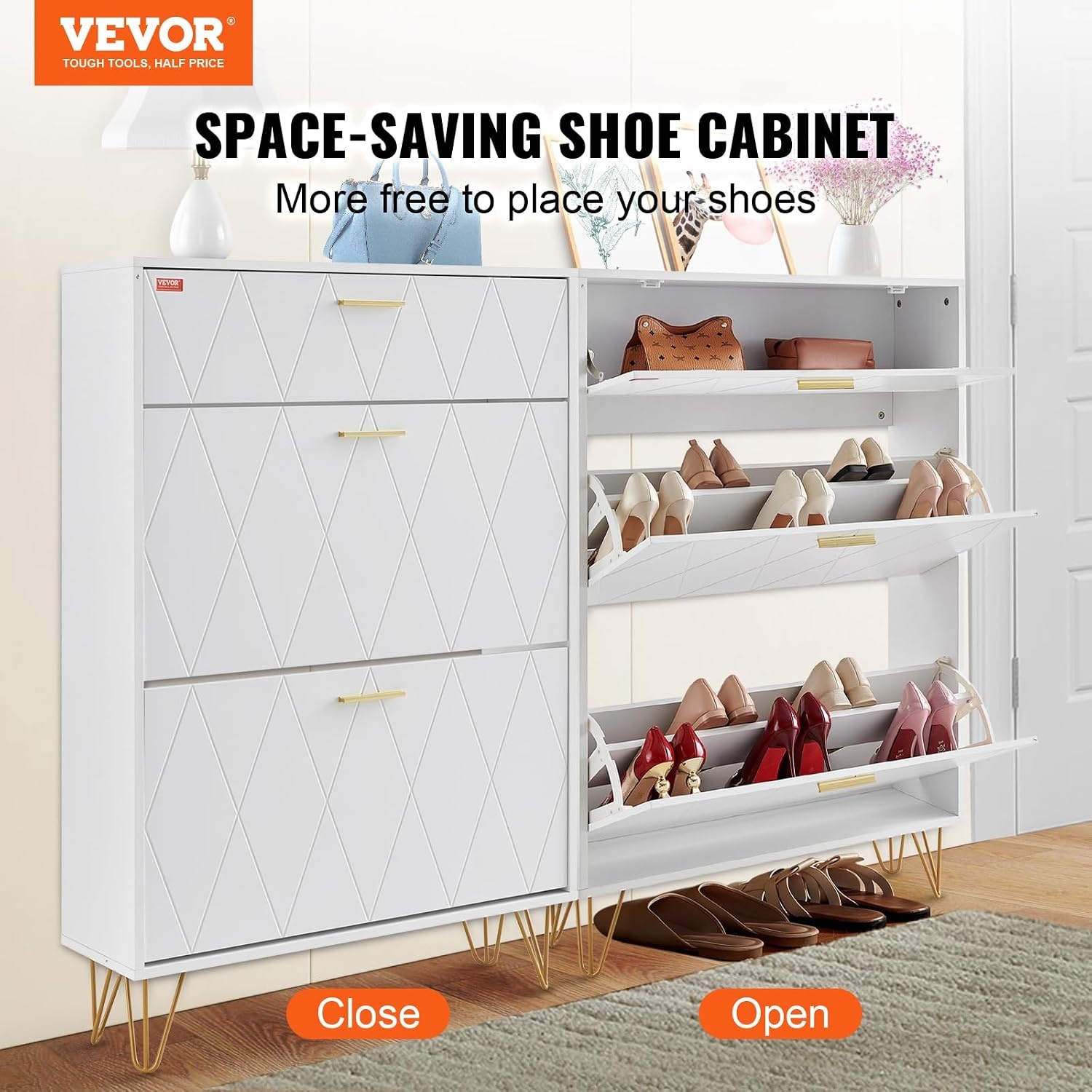 VEVOR Schoenenkast met 3 kleppen, schoenenkast, grote capaciteit, van spaanplaat, schoenenrek voor hakken, laarzen, halmeubel, hal en woonkamer, 80 x 24 x 120 cm - Maat 800 x 239 x 1200 mm