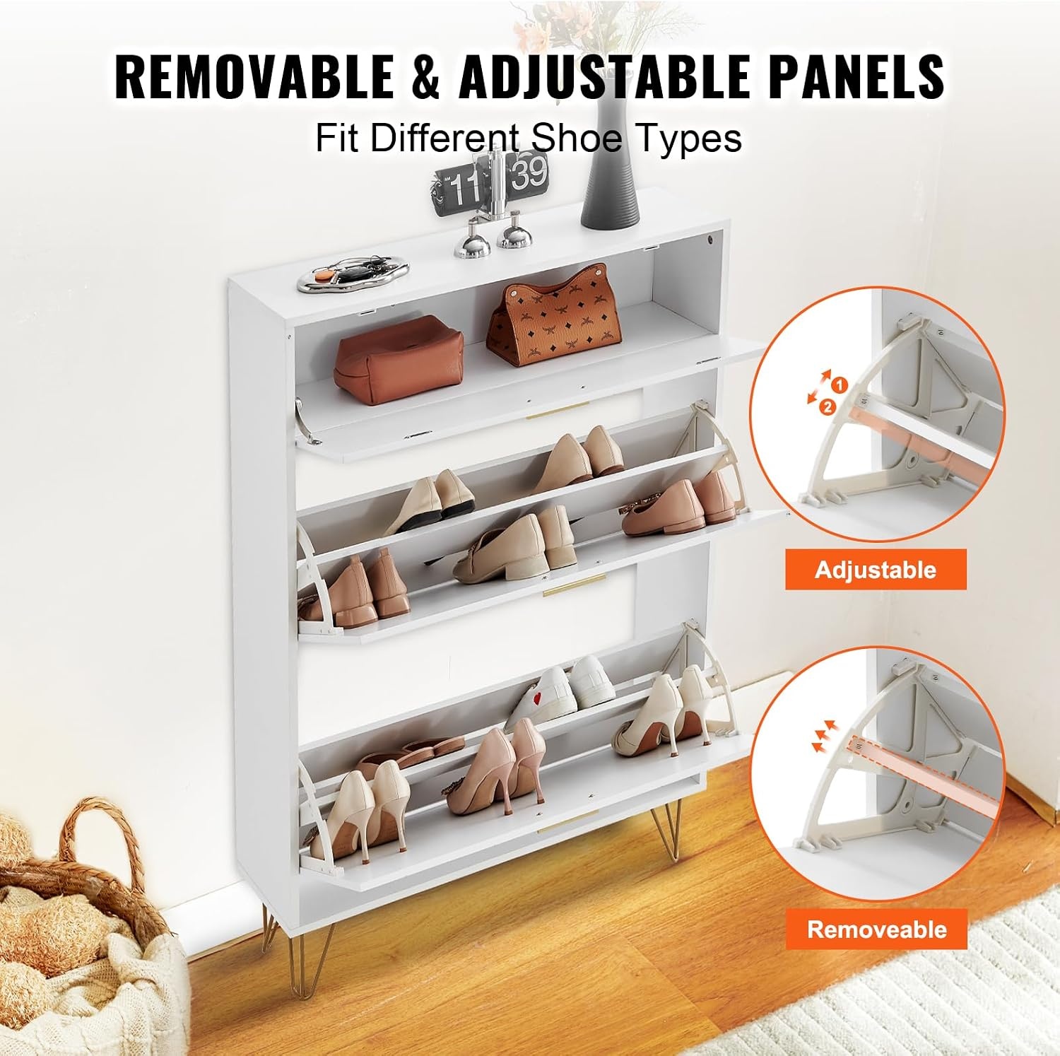 VEVOR Schoenenkast met 3 kleppen, schoenenkast, grote capaciteit, van spaanplaat, schoenenrek voor hakken, laarzen, halmeubel, hal en woonkamer, 80 x 24 x 120 cm - Maat 800 x 239 x 1200 mm