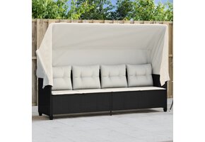 vidaXL Ligbed met Luifel & Kussens - Poly Rattan Zwart (47% Korting)